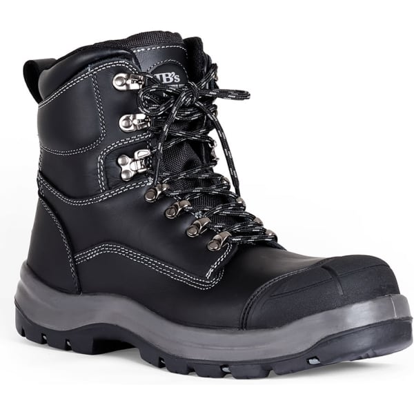 A black waterproof boot with lace-up design, reinforced toe, and stitched detailing. Features a logo on the side.