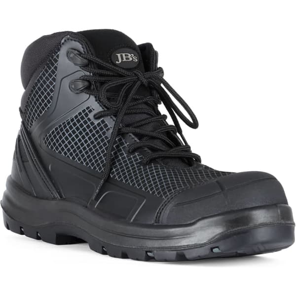 A black and grey safety boot with a sturdy design and textured upper, featuring a logo on the side.