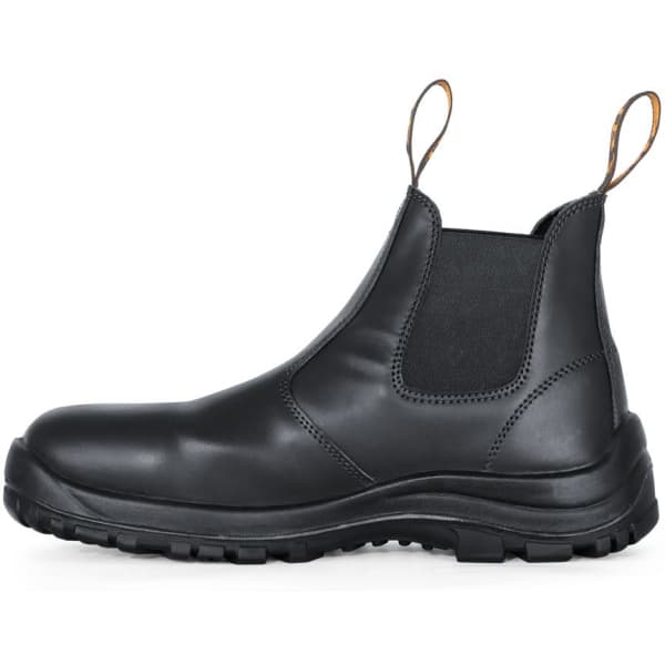 A black safety boot with elastic side panels and pull tabs at the ankle, featuring a rugged sole for grip.