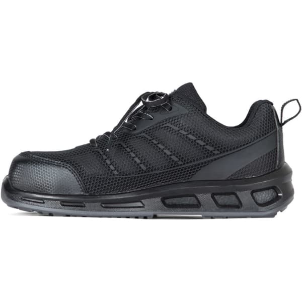 A pair of black safety jogger shoes with a mesh upper and a sturdy sole, featuring a logo on the side.