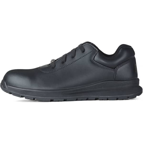 A black soft toe sneaker with a sleek design, featuring laces and a textured sole, and includes branding.