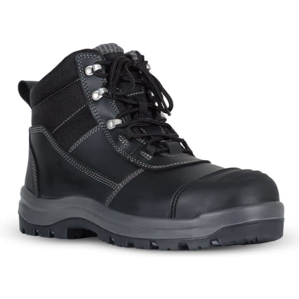 A black safety boot with a reinforced toe, laces, and a rugged sole. It features a combination of leather and textile materials.