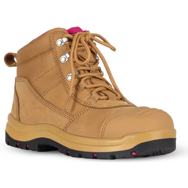 A safety boot in wheat with pink accents, featuring a lace-up design and a sturdy sole. It has a branding logo.