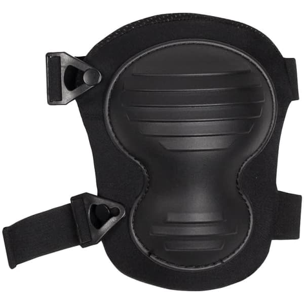 A black knee pad featuring a contoured design and adjustable straps, with a logo on the surface.