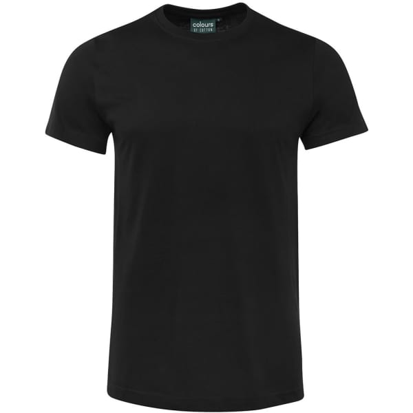 A black fitted tee featuring a round neckline and short sleeves, with a logo on the label.
