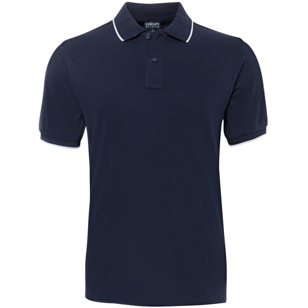 A navy polo shirt with white trim and a collar, featuring a logo on the chest.