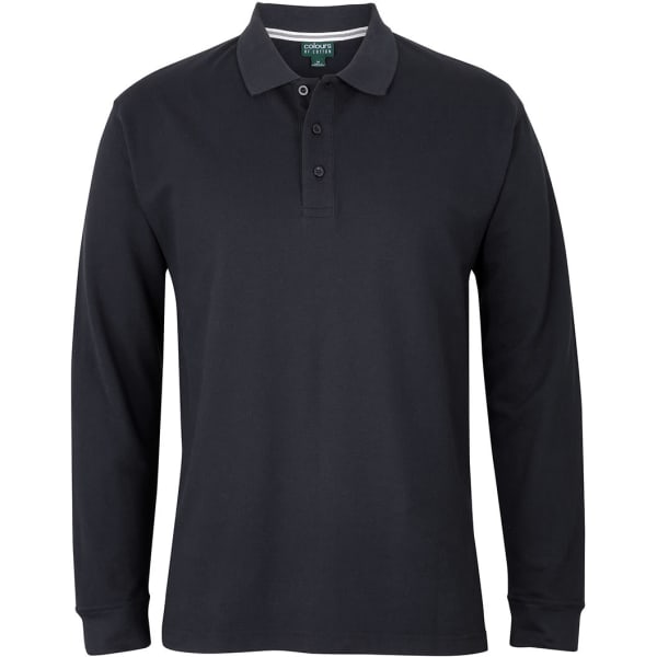 A long-sleeve polo in black, featuring a classic collar and three-button placket, with a logo present.