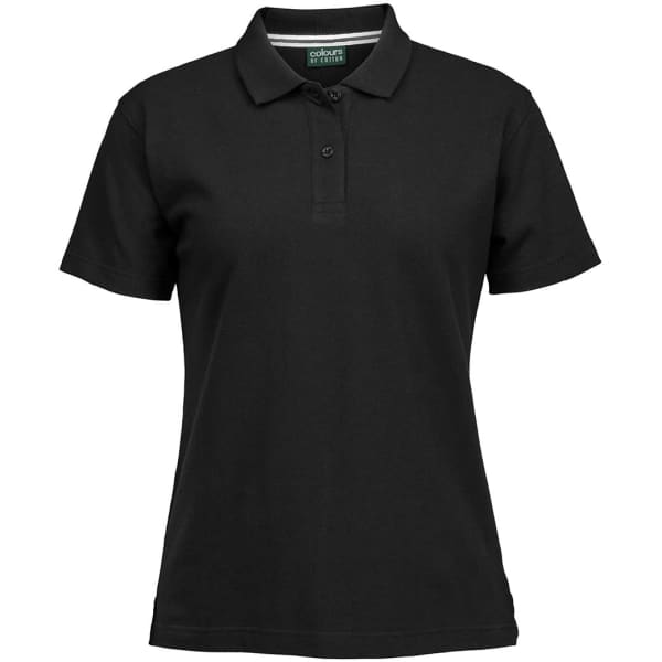 A black ladies' pique polo shirt with a collar and button placket, featuring a logo.