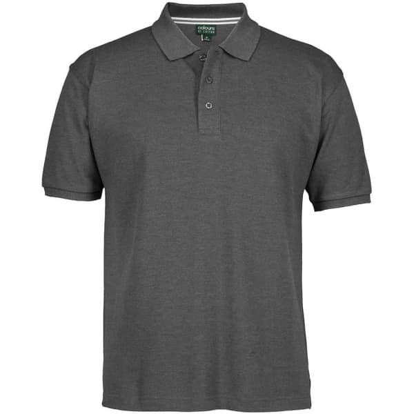 A grey polo shirt with a collar, short sleeves, and a three-button placket, featuring a logo.