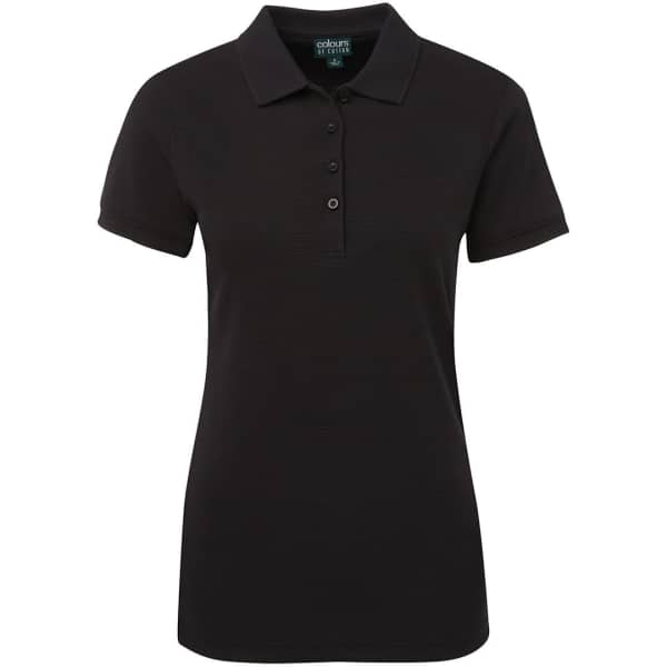 A black ladies' polo shirt with a collared neck and buttons. It features a subtle logo on the label.