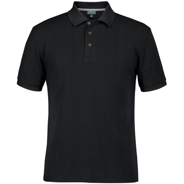 A black polo shirt featuring a three-button placket and short sleeves. It has a logo on the chest.
