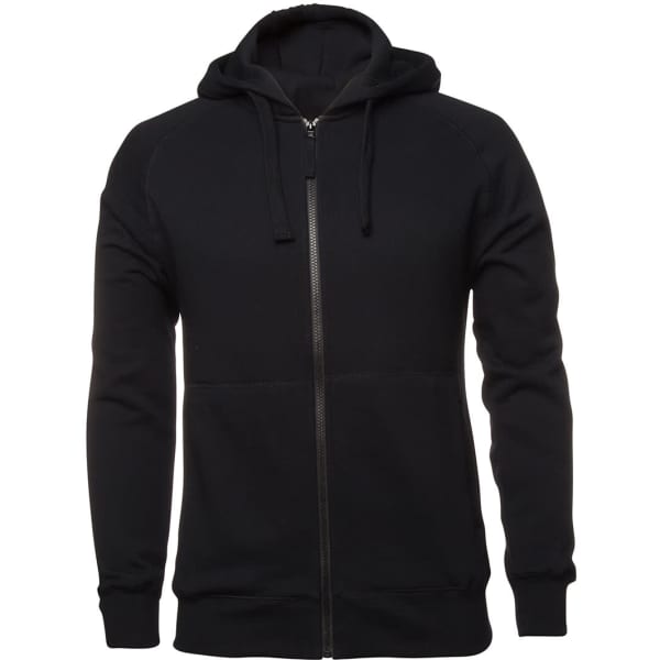 A black zip-up hoodie with a hood and raglan sleeves, featuring a minimalist design.