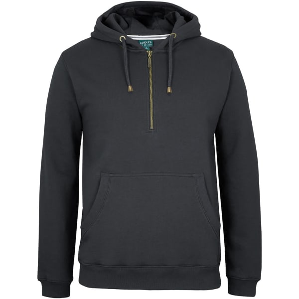 A black brass 1/2 zip hoodie featuring a front pocket and an adjustable drawstring hood. It has a logo on it.