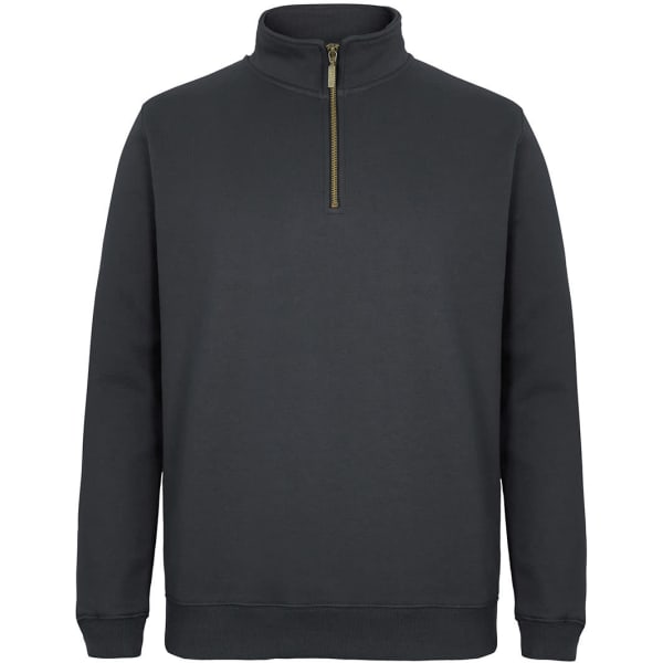 A dark grey 1/2 zip sweat top with a collar and long sleeves, featuring a logo on the side.