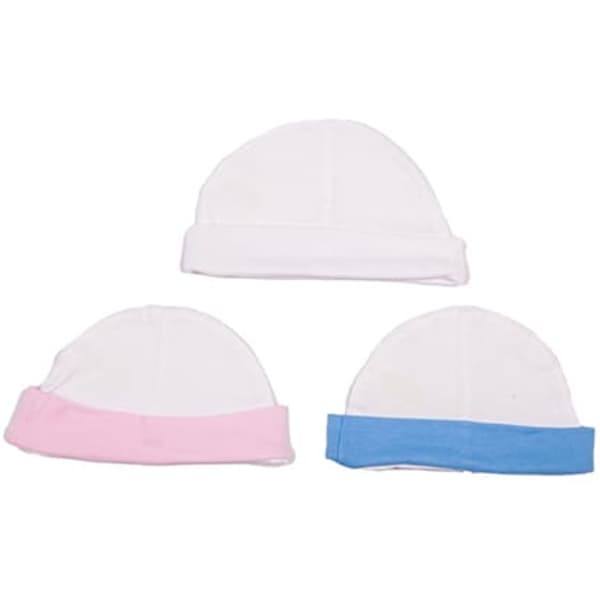 Three baby caps in white, pink, and blue, featuring soft fabric with rolled edges, presented together.