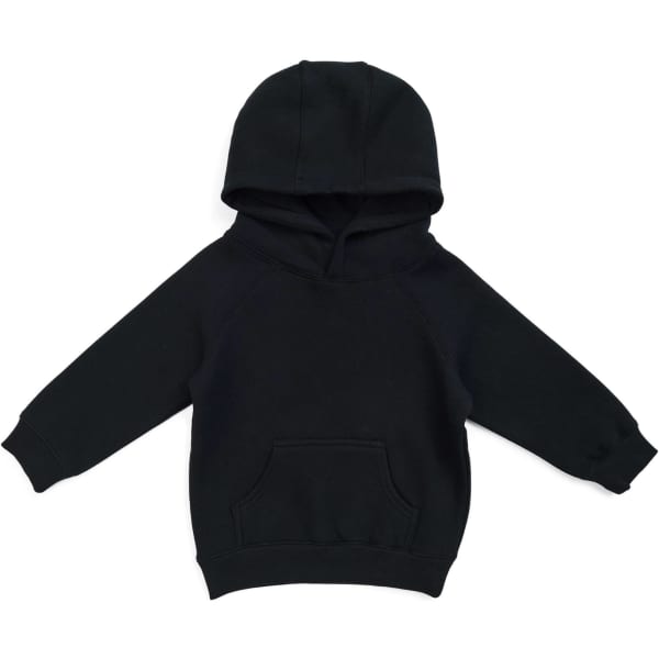 A black cotton kangaroo pocket hoodie for babies with a hood and long sleeves. It features a logo on the front.
