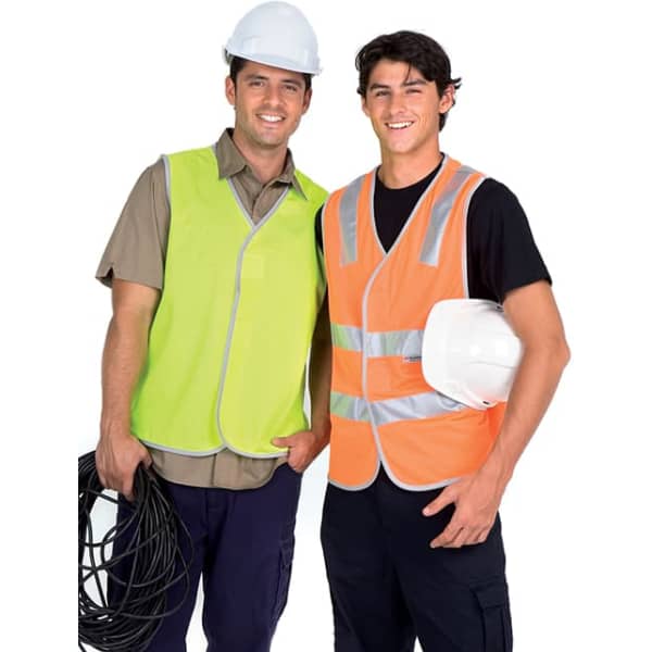 Two men wearing work vests, one in bright green and the other in orange, both wearing hard hats and holding equipment.