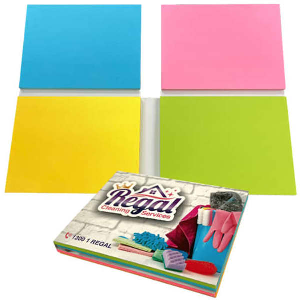 A combination of sticky note pads in blue, pink, yellow, and green, alongside a branded box featuring cleaning supplies.