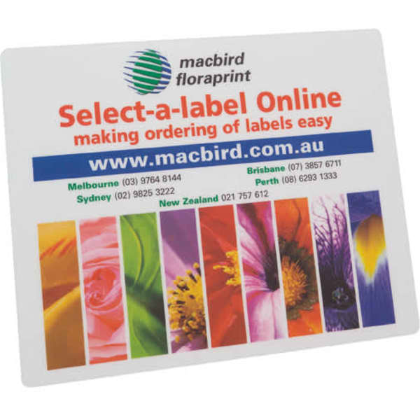 A rubber sponge mouse mat, 190 x 230mm, featuring a colourful floral design and a logo.