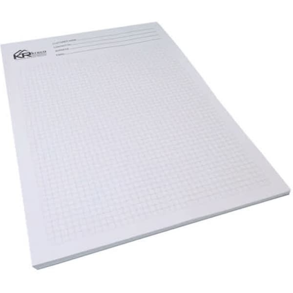 A4 writing pad with 10 leaves and a grid pattern, featuring a logo in the top corner.
