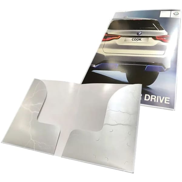 A4 digital presentation folder with double pockets in white and grey, featuring a sleek automotive design on the front.