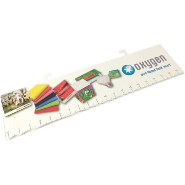 A ruler with a colourful design featuring various stationery items and branding, measuring 200x50mm with a hanging feature.