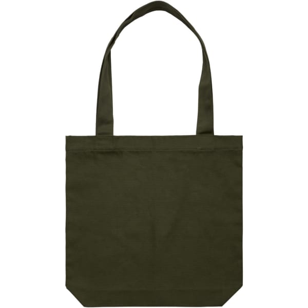 A dark green tote bag with two sturdy handles and a flat base, featuring a simple design.