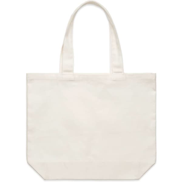 A cream tote bag with two handles and a simple design, featuring a logo.