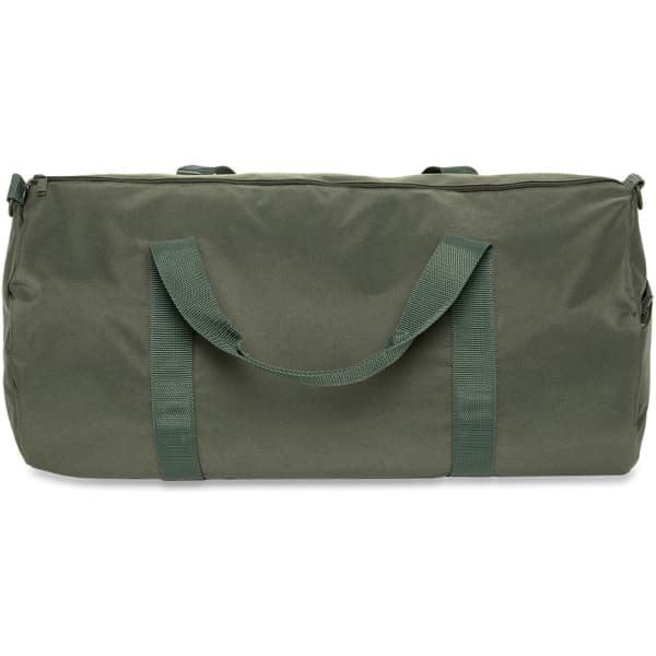 A green duffel bag featuring two handles and a zipper, with a logo on the surface.