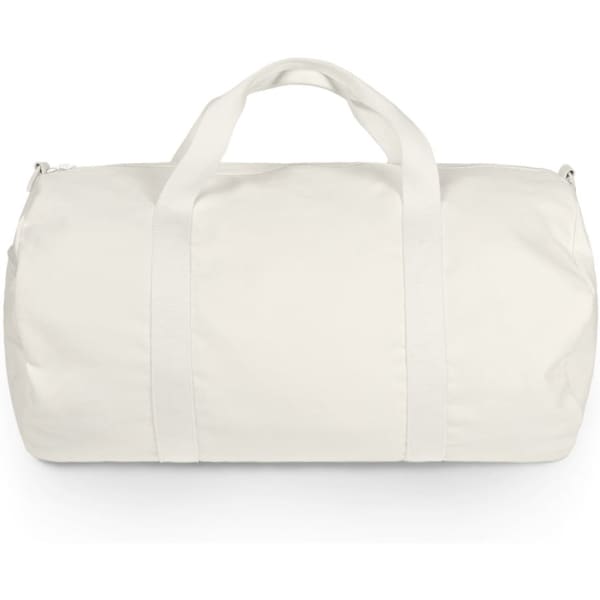 A white canvas duffel bag with two handles and a zip closure, featuring a logo on the side.