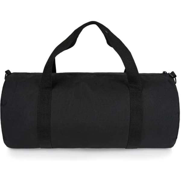 A black duffel bag with two handles and a zipper, featuring a logo on the side.