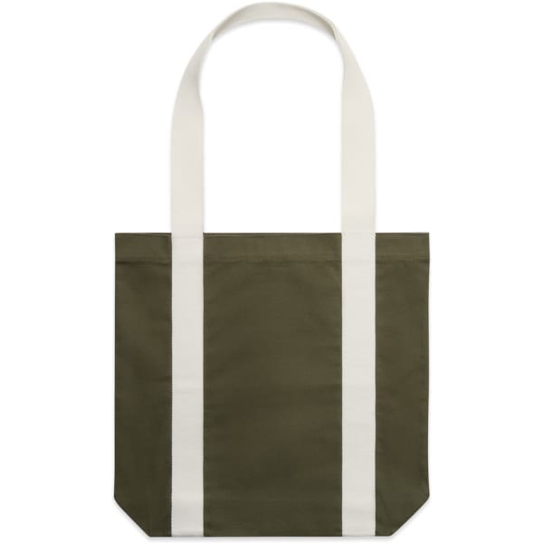 A two-tone tote bag in olive green and cream, featuring long handles and a simple design.