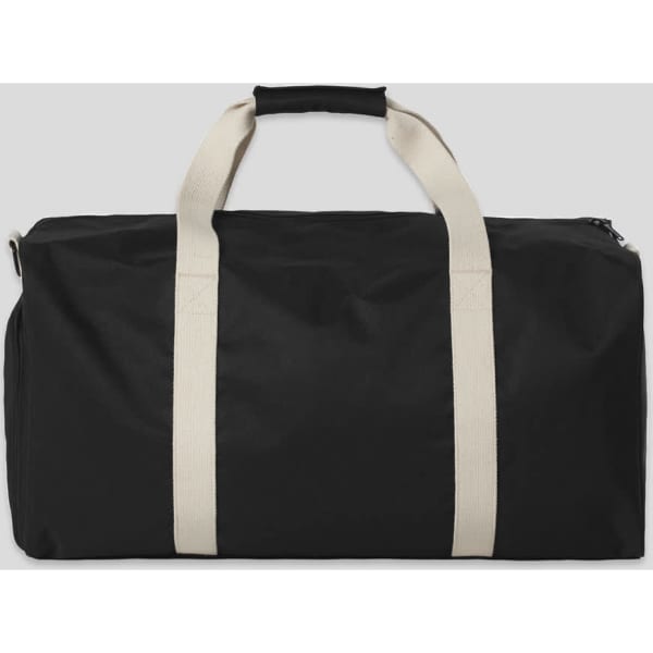 A black duffle bag with cream handles and a zipper, featuring a logo on the side.