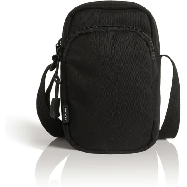 A black recycled camera bag with a zippered front pocket and an adjustable strap. Features logo branding.