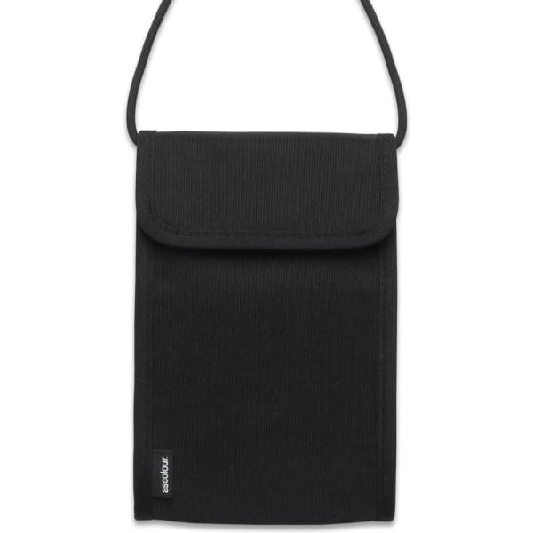 A black recycled phone bag with a flap closure and an adjustable strap, featuring a branding logo.