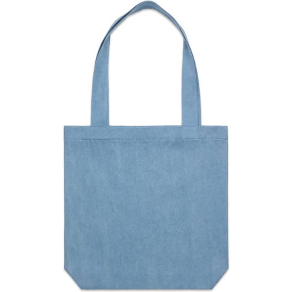 A denim tote bag in a light blue shade with two shoulder straps and a minimalist design.