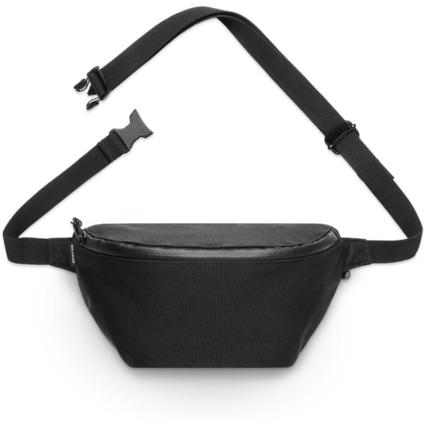 A black recycled waist bag with an adjustable strap and a zippered main compartment. It features a logo.