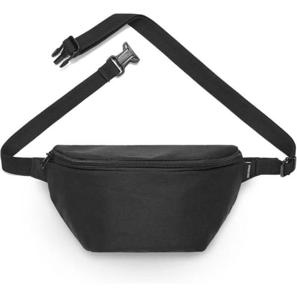 A black waist bag with a zippered compartment and an adjustable strap. Features a logo on the front.