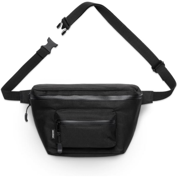 A black recycled pocket waist bag with an adjustable strap and a front zippered pocket. Features a logo.