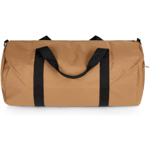 A tan duffel bag with black handles, featuring a simple design and a logo on one side.