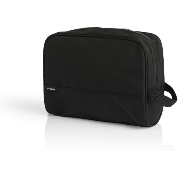 A black recycled toiletry bag with a handle, featuring a subtle logo. Suitable for storing personal items.