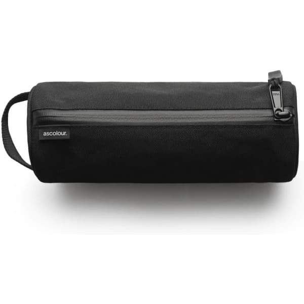 A black recycled stationery bag with a zip closure and side handle, featuring a minimal logo.