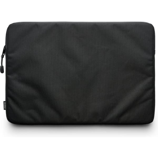 A black recycled laptop sleeve with a zip closure and a subtle texture. It has a branding logo.