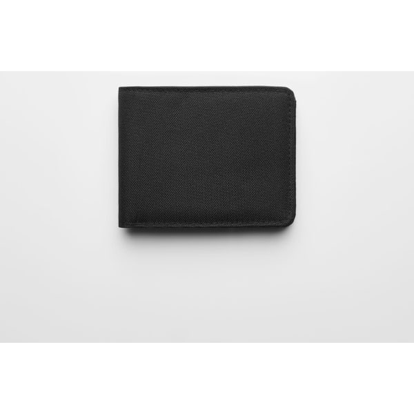 A black recycled fold wallet with a textured surface and a discreet logo.