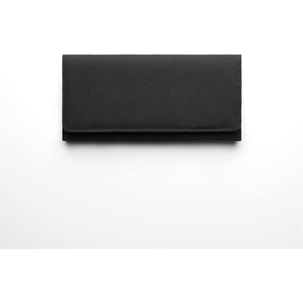 A black recycled long wallet with a simple, sleek design and a logo on the exterior.