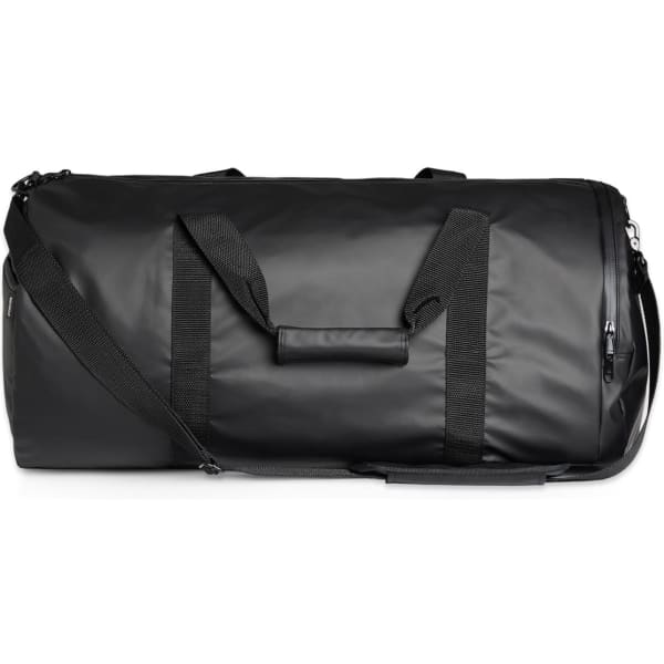 A black duffel bag with sturdy handles and a shoulder strap, featuring a logo on the side.