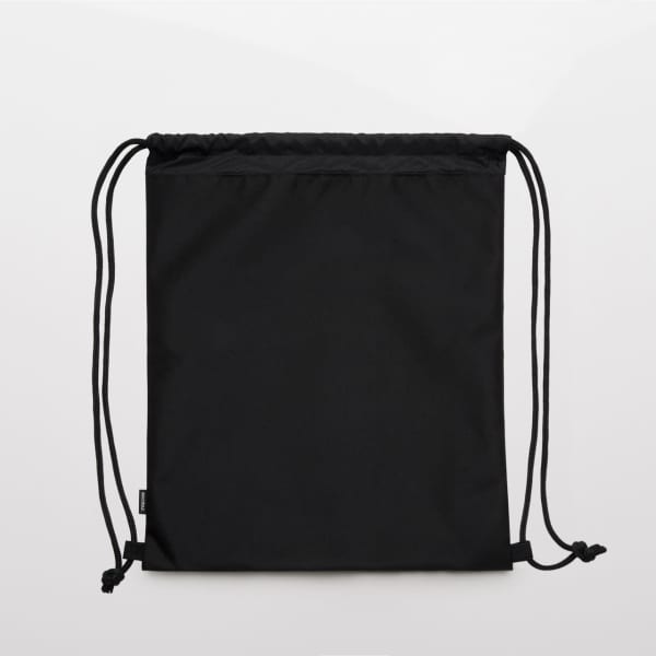 A black recycled gear bag with drawstring closure and side toggles, featuring a logo.