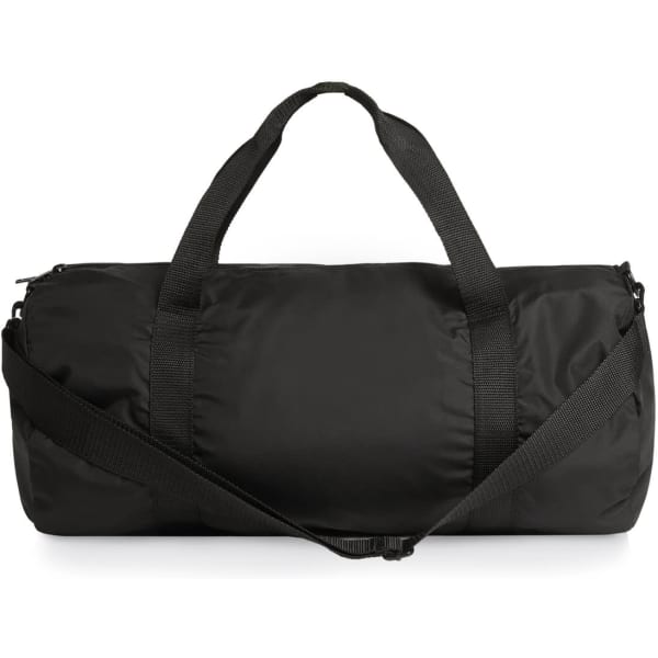 A black recycled light duffel bag with two handles and a shoulder strap, featuring a logo.