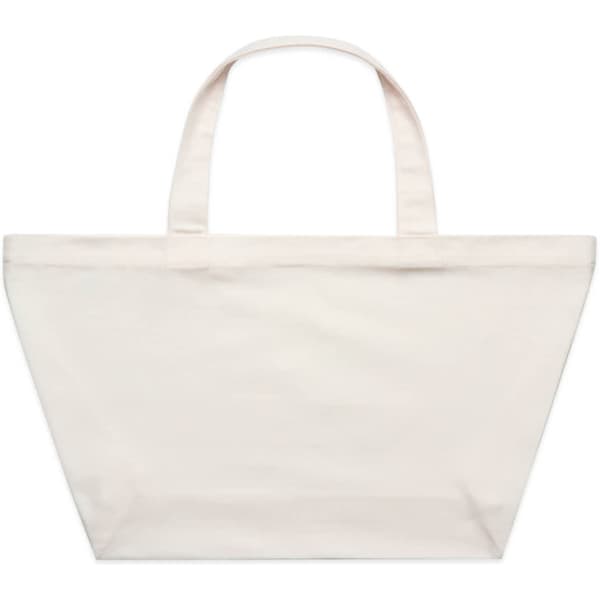 A large, cream-coloured tote bag with two handles and a logo on the front.