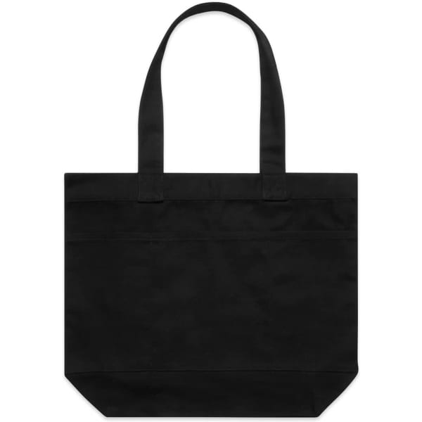 A black tote bag with two handles and a simple design. It features a logo.